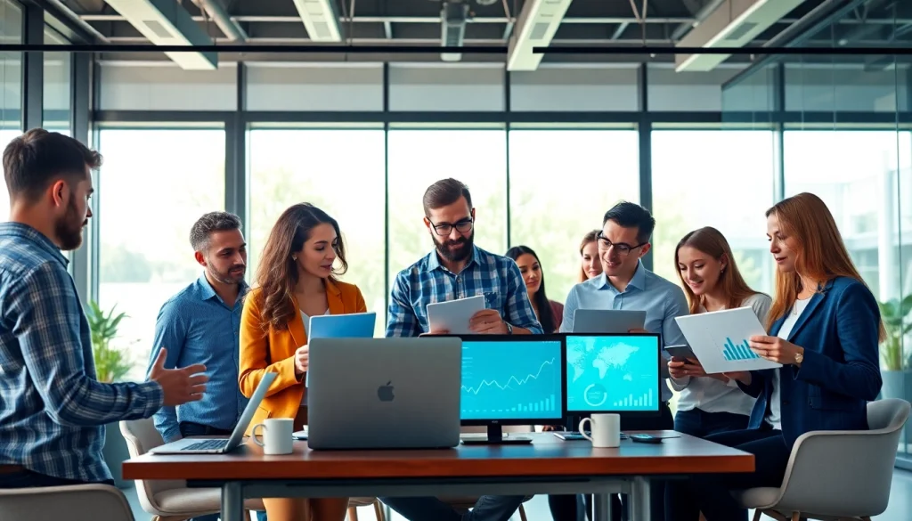 Florida Digital Marketing Agency team collaborating on innovative strategies in a modern office.