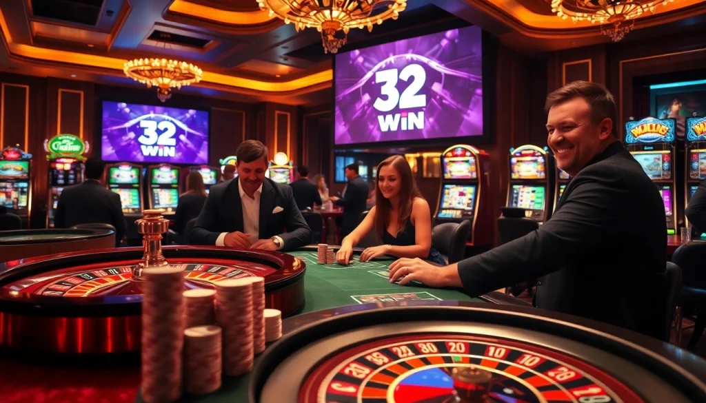 Players enjoying a strategic game at the 32WIN casino, showcasing vibrant chips and a roulette wheel.