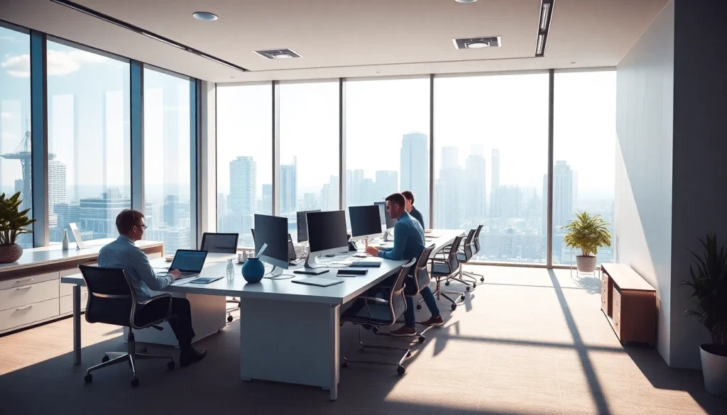 Showcasing a professional real estate office environment with agents collaborating