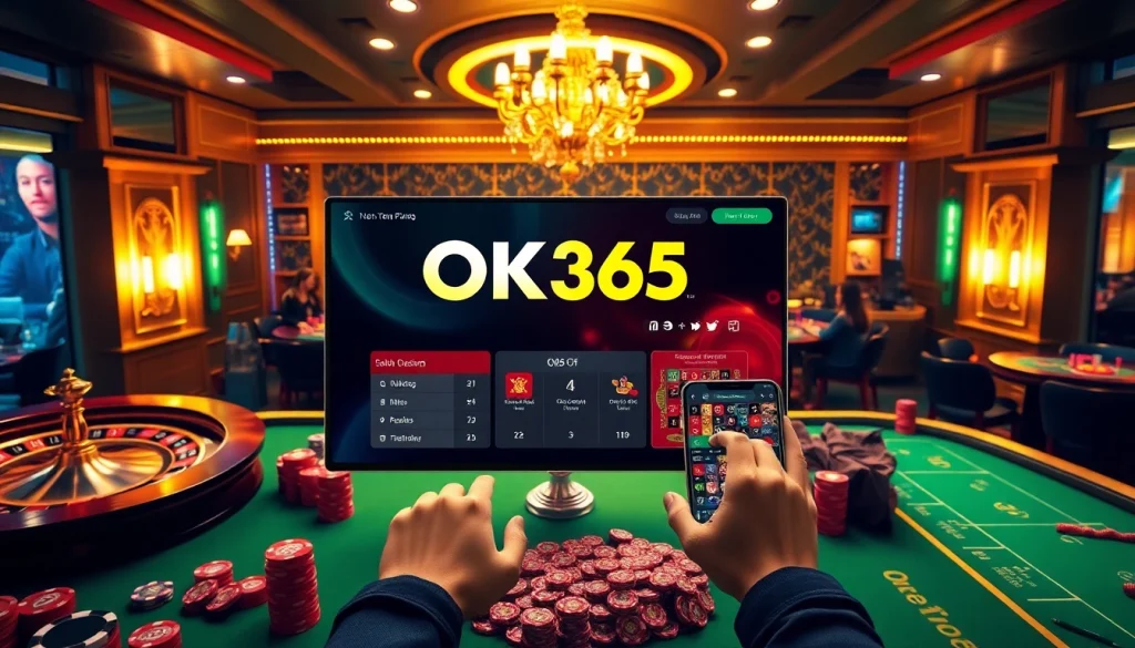 Engaging scene showcasing OK365 Trang chủ, highlighting online gambling excitement with casino elements.