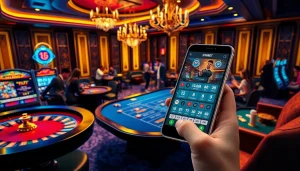 Players enjoying the excitement of the 255BET App while gambling at a luxurious casino.