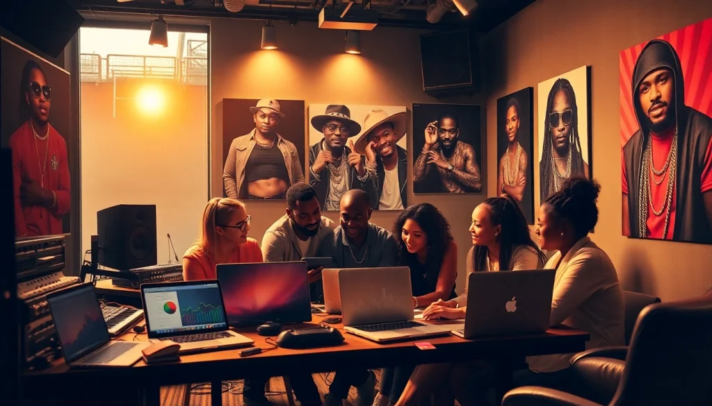 Dynamic hip hop PR agency team strategizing for artist success in the studio.