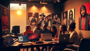 Dynamic hip hop PR agency team strategizing for artist success in the studio.