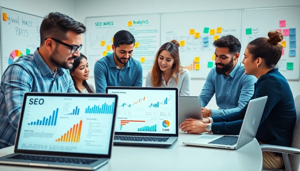 Collaborative SEO strategy session with digital analytics, showcasing teamwork and analysis.