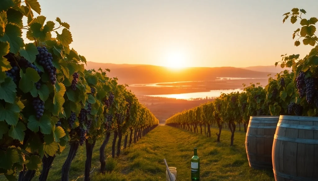 Enjoying scenic vineyard views in Carksburg CA with lush grapevines and sunset reflections.