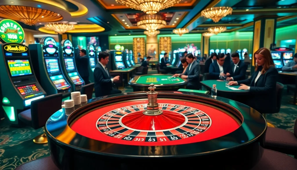Exciting scene at king88 casino with roulette, poker, and slot machines showcasing luxury gaming.
