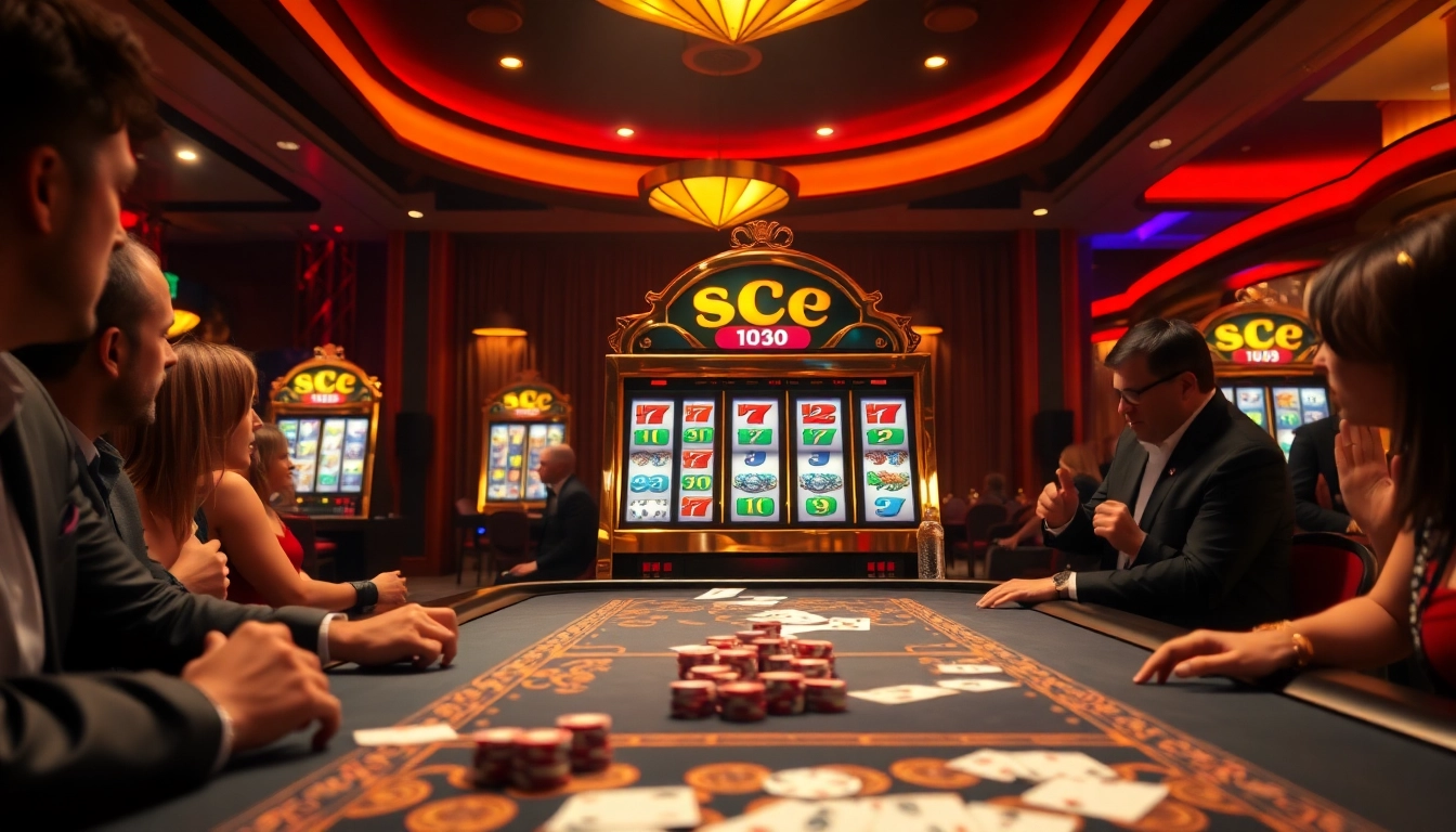 Excited players enjoying the immersive SC88 Slot experience in a luxurious casino setting.