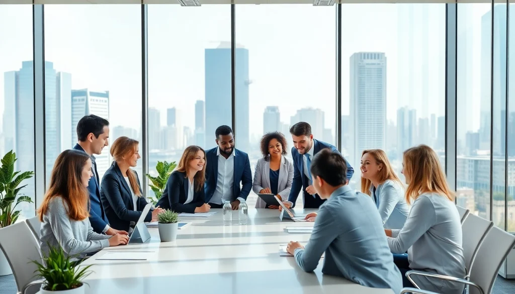 Business team collaborating in a modern office, showcasing teamwork and productivity.