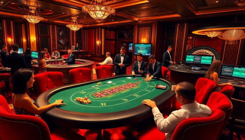 Players enjoying blackjack action at a luxurious casino, highlighting god345.co gaming excitement.