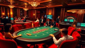 Players enjoying blackjack action at a luxurious casino, highlighting god345.co gaming excitement.