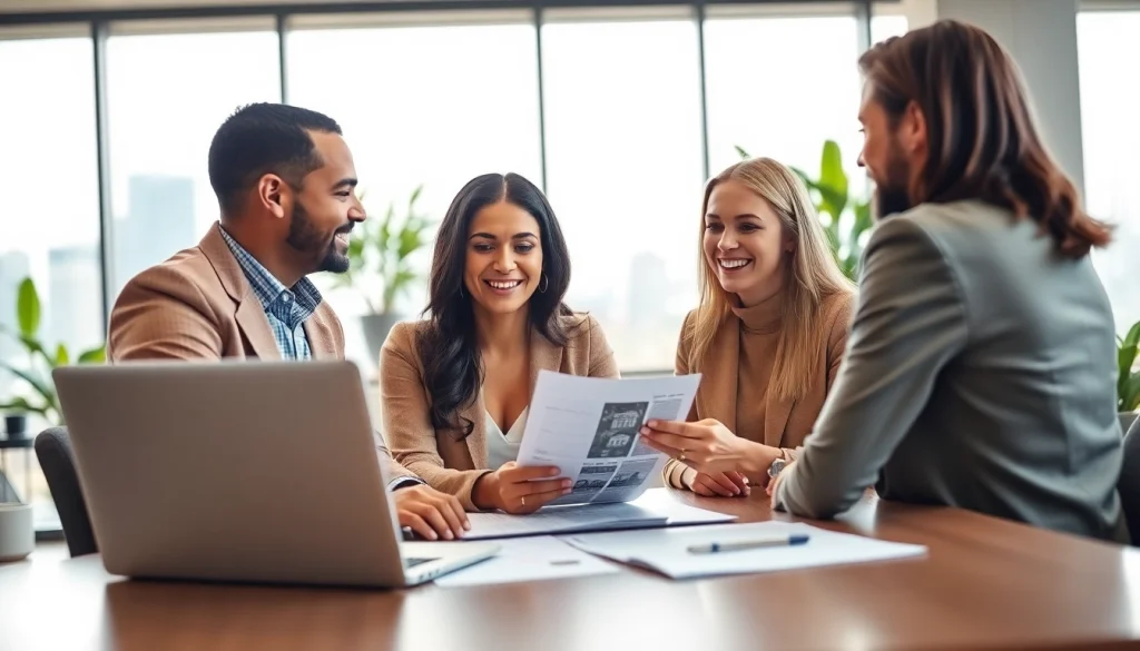 Real Estate agent assisting clients in a modern office, showcasing professionalism and engagement.