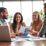 Real Estate agent assisting clients in a modern office, showcasing professionalism and engagement.