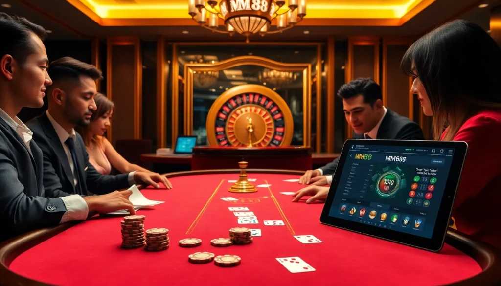 Experience the thrill of MM88 at a luxurious casino table with vibrant poker action.