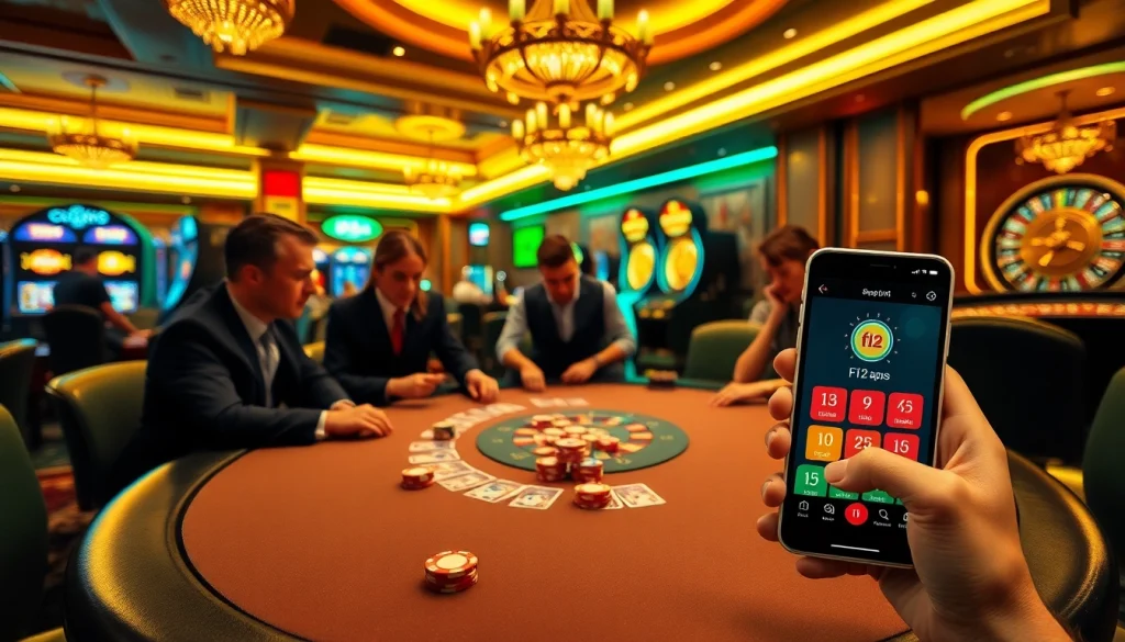 Experience the f12 App while engaging in thrilling poker at a luxurious casino table.