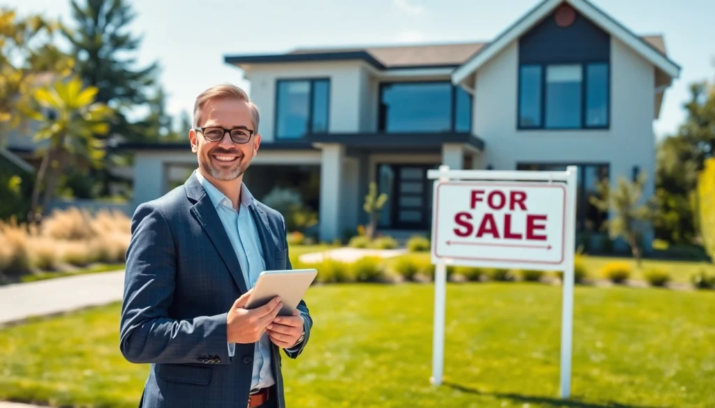 Real Estate agent showcasing a beautiful home for sale with a welcoming atmosphere.