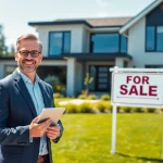 Real Estate agent showcasing a beautiful home for sale with a welcoming atmosphere.