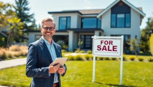 Real Estate agent showcasing a beautiful home for sale with a welcoming atmosphere.