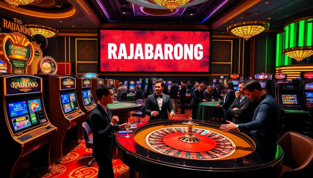 RAJABARONG showcases an exciting casino scene with lively slot machines and tables.
