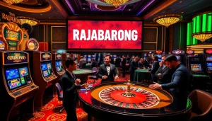 RAJABARONG showcases an exciting casino scene with lively slot machines and tables.