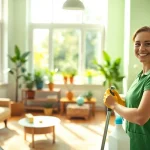 Experience a refreshing cleaning service with a friendly professional showcasing a clean living room.