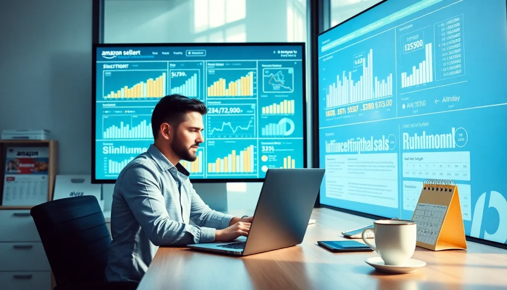 Amazon repricing tool in use within a modern workspace, showcasing inventory management and sales analysis.