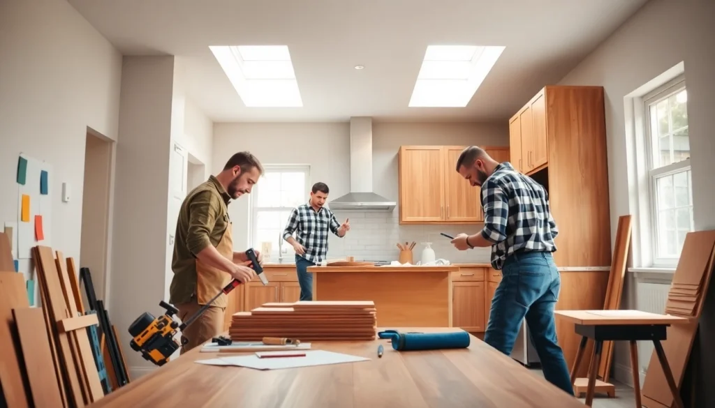 Enhance your home renovation with skilled craftsmen collaborating in a bright kitchen setting.