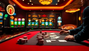 Engaging in online gambling with Đăng Ký S8 at an elegant casino poker table filled with colorful chips.