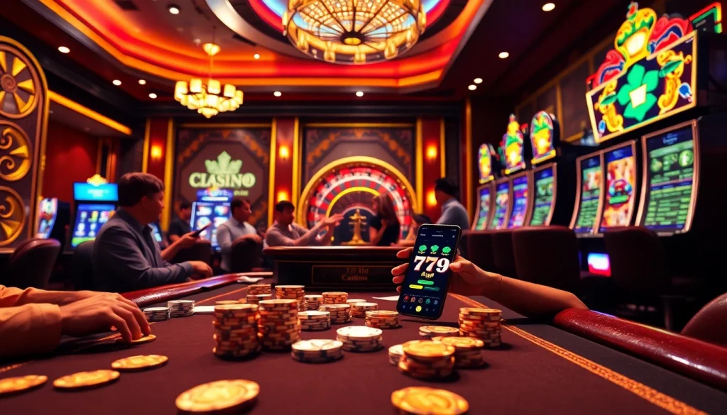 Engaged players at a casino table featuring the 777g App, colorful poker chips, and lively gameplay.