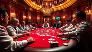 Players strategizing at a luxurious poker table while using 7mcn to track bets.