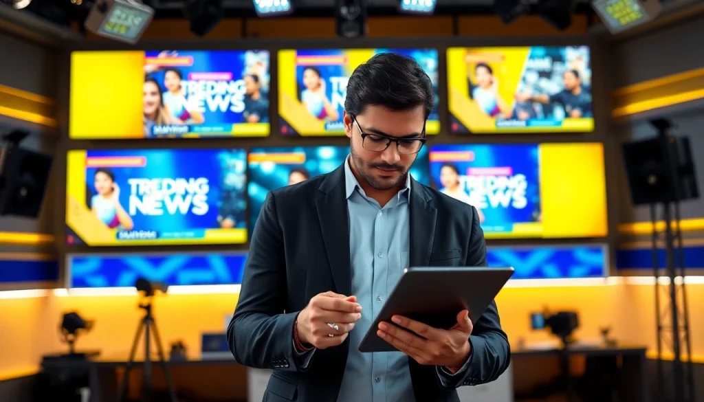 Engaging journalist analyzing trending news on https://theopinionatedindian.com in a modern studio.