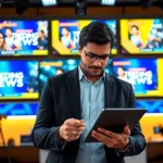 Engaging journalist analyzing trending news on https://theopinionatedindian.com in a modern studio.