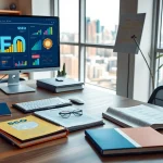 Optimize your website for SEO with a professional workspace filled with analytics and infographics.