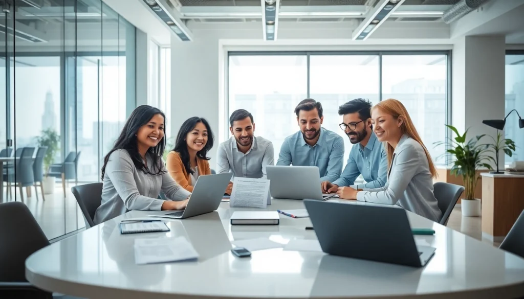 Accédez aux services de traduction de translatecompany.fr avec une équipe diversifiée dans un bureau moderne.