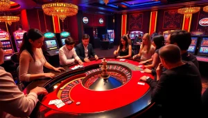 Players enjoy roulette at GG88 in a luxurious casino setting, filled with excitement.