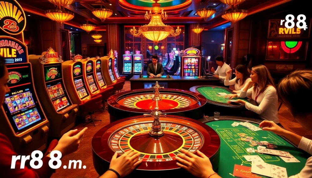 Players enjoying a dynamic casino experience at rr88 com, featuring roulette, slots, and poker tables.