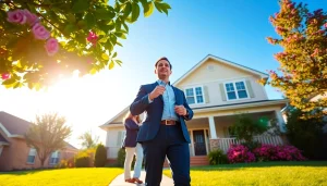 Showcasing real estate property in a lush suburban setting with a professional agent.