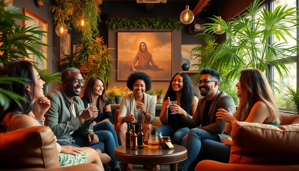 Members engaging in a lively discussion at a cannabis club in a warm, inviting atmosphere.