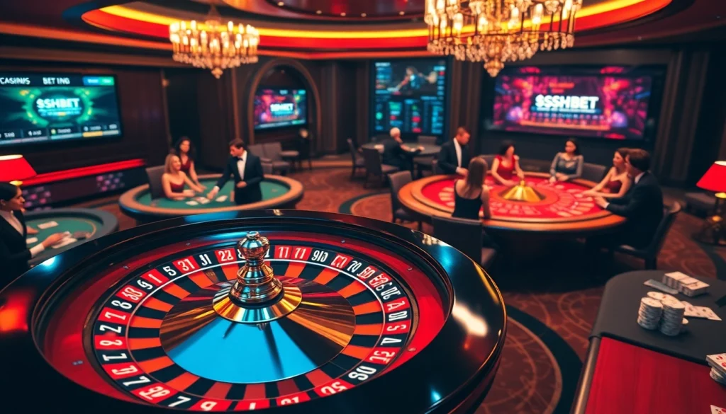 Players enjoy the thrill of gambling at https://sshbet.io/ with a live roulette table and vibrant casino atmosphere.