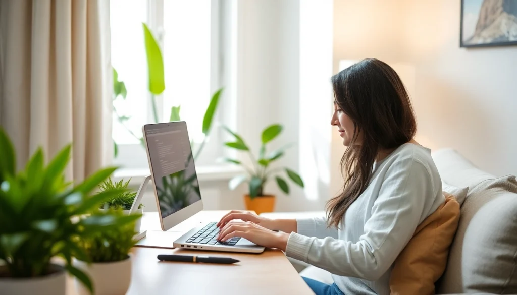 Haciendo dinero desde casa mientras trabaja en su computadora portátil en un ambiente acogedor.
