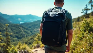 Vidi Rucksack in freier Natur auf einem Wanderweg präsentiert und betont seine stilvolle Funktionalität.
