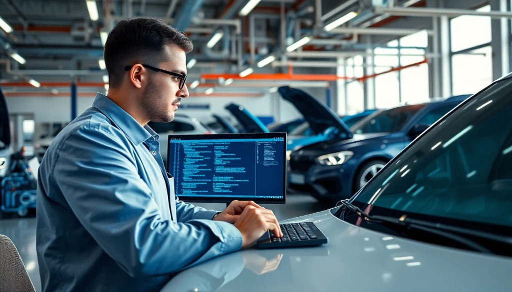 Analyze car technology and security systems on https://car-hack-world.com in a modern garage.