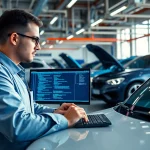 Analyze car technology and security systems on https://car-hack-world.com in a modern garage.