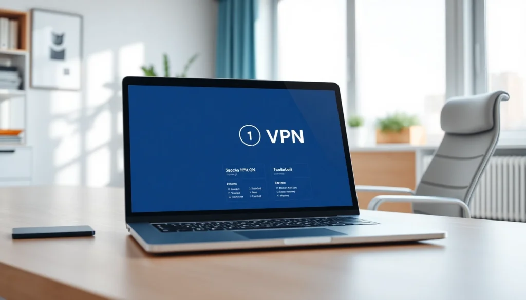 快连VPN application displayed on a modern laptop in a stylish office setting, highlighting features of security and privacy.
