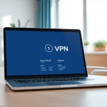 快连VPN application displayed on a modern laptop in a stylish office setting, highlighting features of security and privacy.