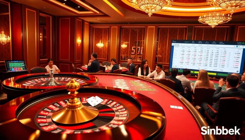 Excited players engaging in online gambling at sinbet.ink, featuring a vibrant casino scene.
