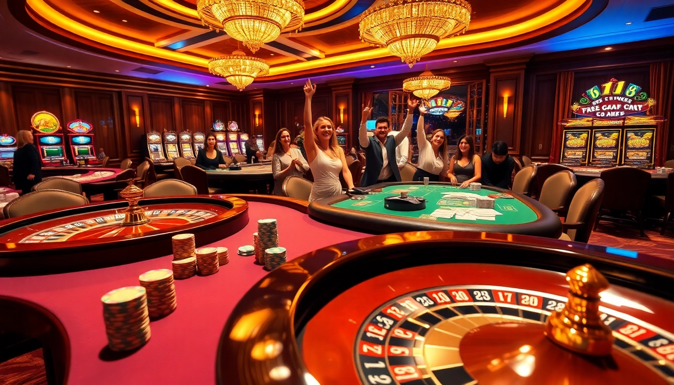 A dynamic scene of players celebrating a win at nohu90 casino tables, filled with poker chips and cards.
