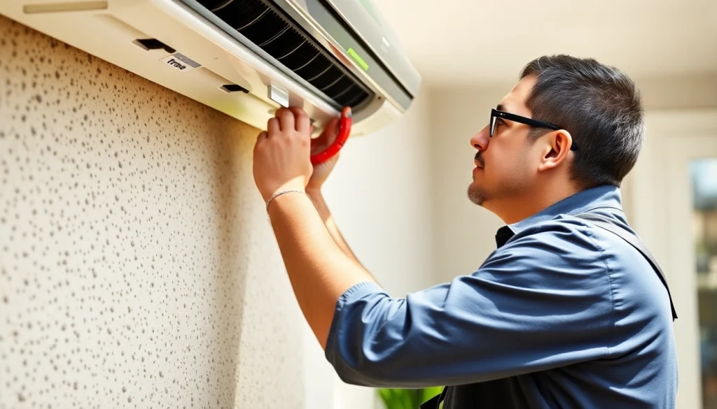HVAC technician servicing Trane Canada air conditioning unit in residential garden.