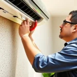 HVAC technician servicing Trane Canada air conditioning unit in residential garden.