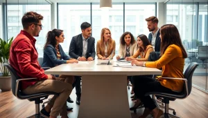 Agency team brainstorming innovative strategies in a modern office setting.
