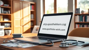 Bewertung von Online-Apotheken auf https://www.apotheken-erfahrung.com mit Laptop und medizinischen Unterlagen.